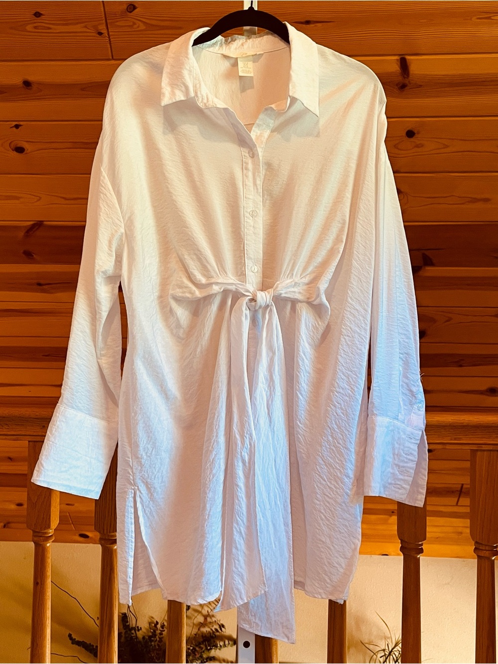 H&M Women's White Button-Front Tie-Waist Relaxed Long Sleeve Shirt Dress Size M